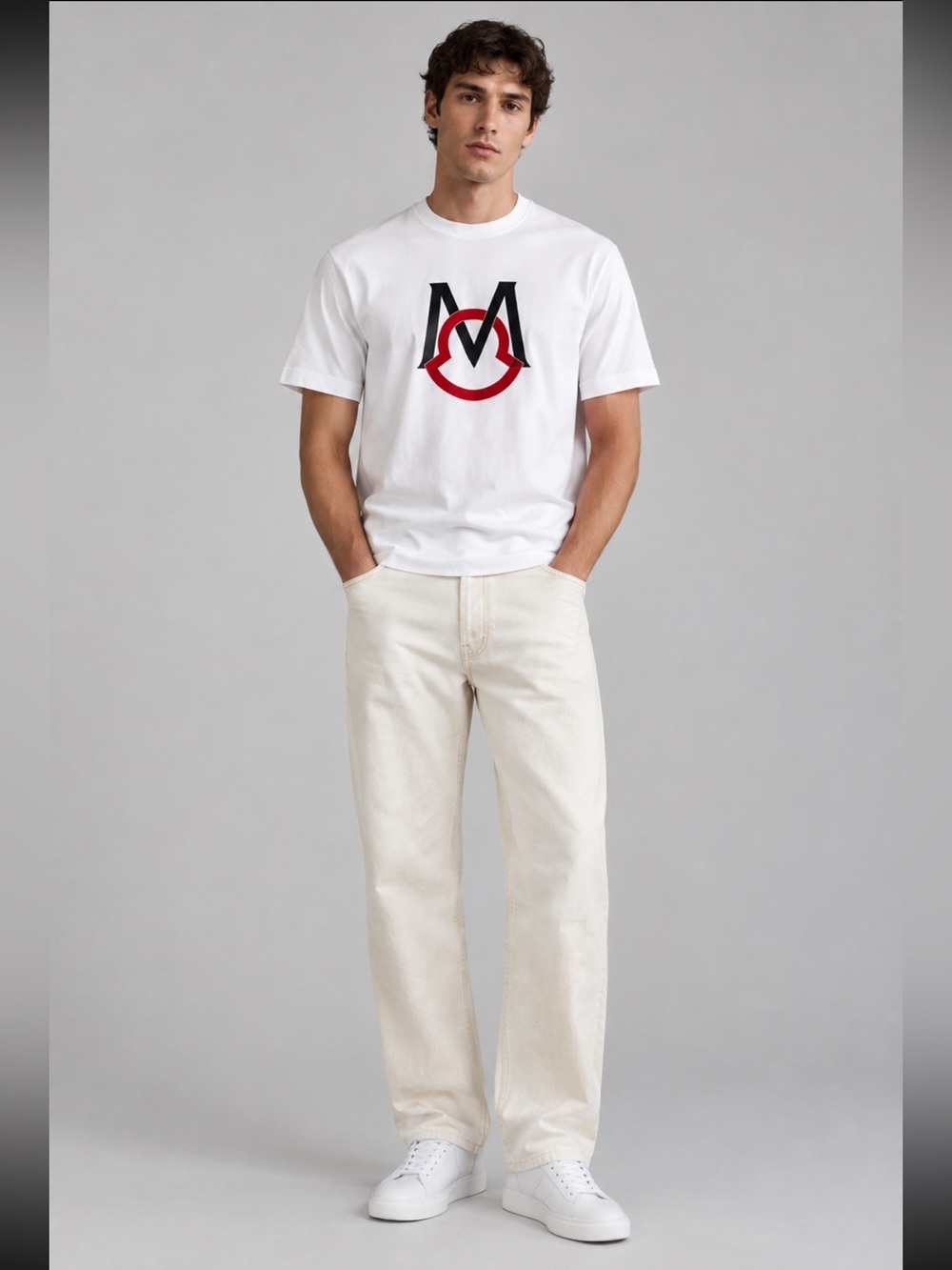 Moncler White Short Sleeve Tee with Black & Red Logo